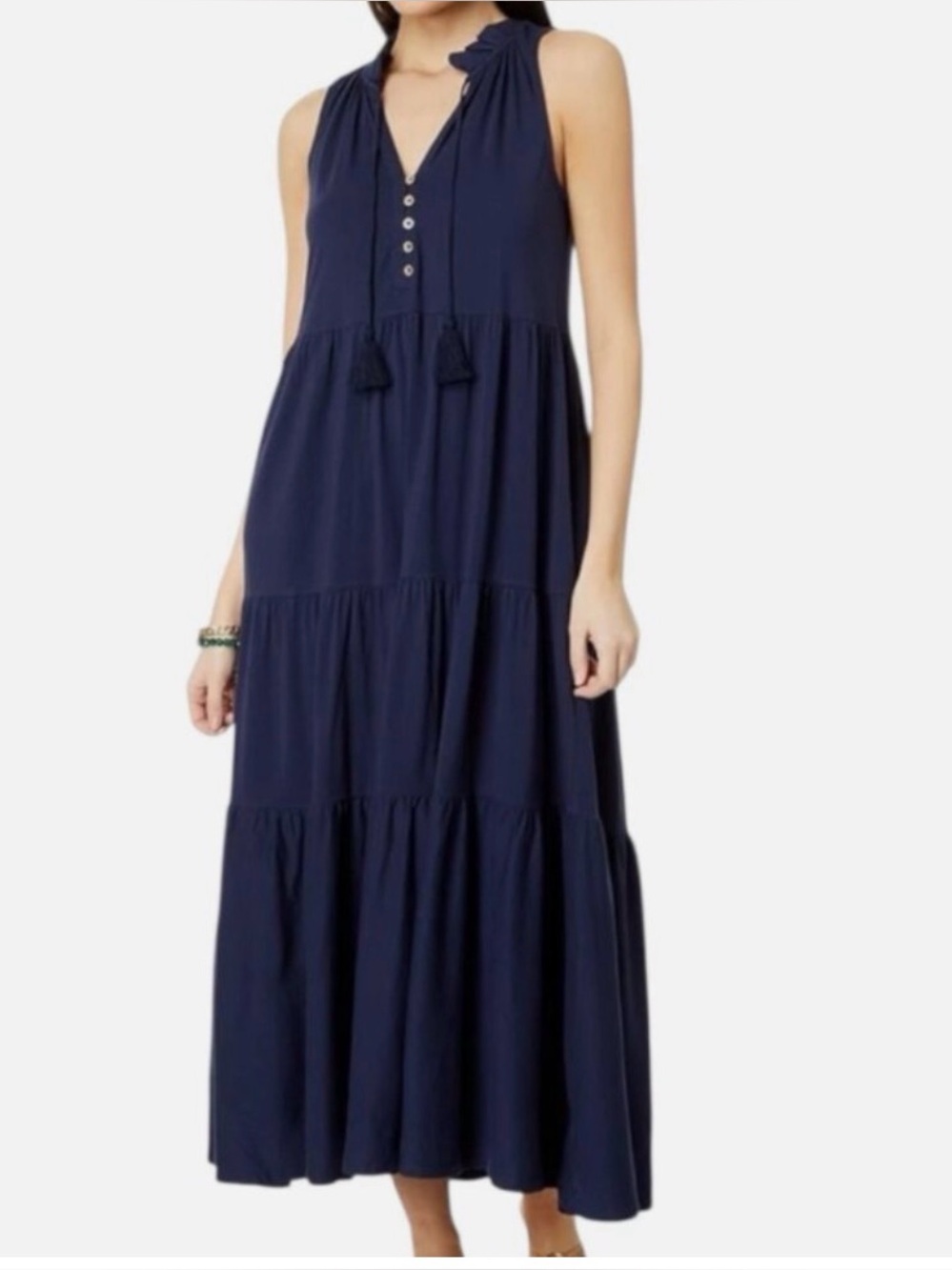 Lilly Pulitzer Malone Sleeveless Navy Tiered Maxi Dress with Tassel Tie Small